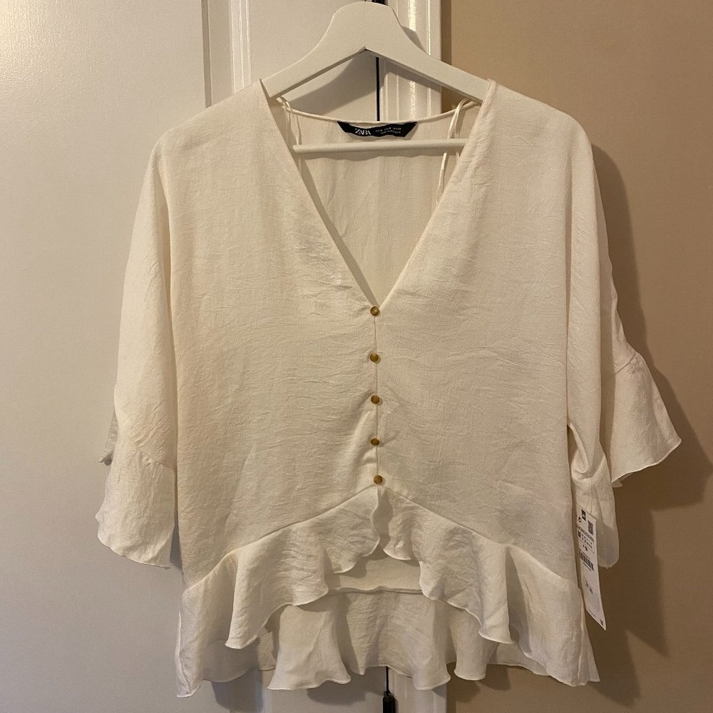 ZARA NWT V-neck high/low blouse, ruffled Medium